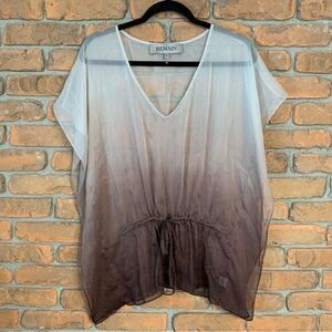 Remain Women's Square Cut Sheer Ombre Short Sleeve V-Neck Blouse Brown‎ Size XS